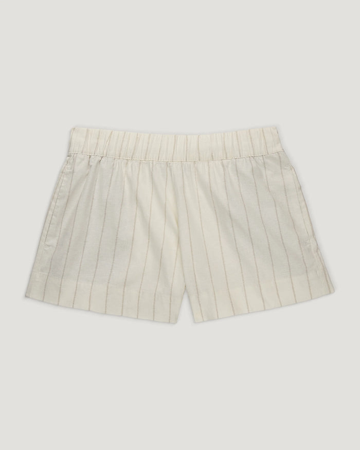 Light cream shorts with vertical pinstripe pattern and elastic waistband, flat lay view