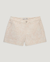 Light colored twill shorts with tropical print, front view showing pockets and button closure