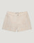 Light colored twill shorts with tropical print, front view showing pockets and button closure