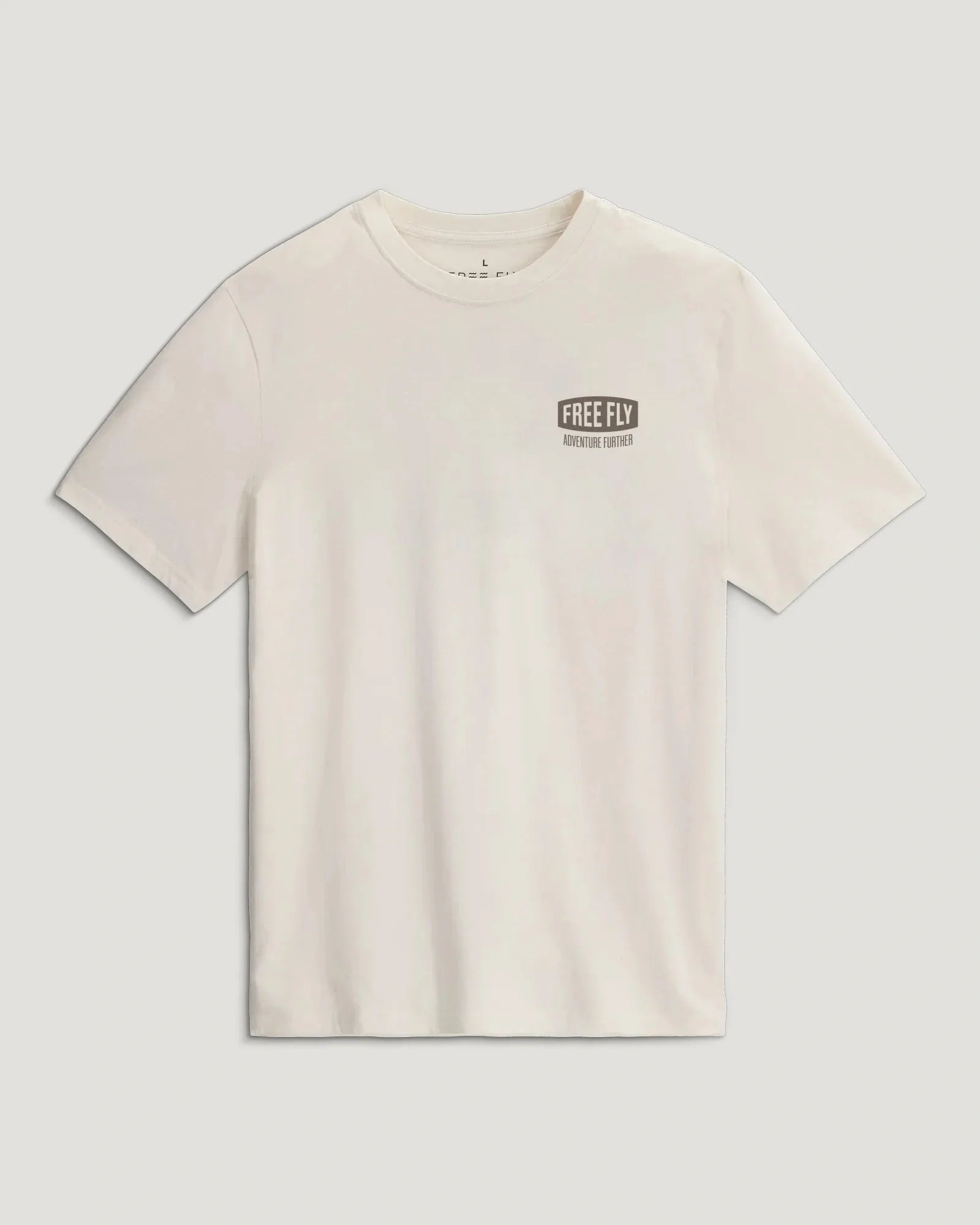 Light colored crew neck t-shirt with small chest logo, front view on clean background