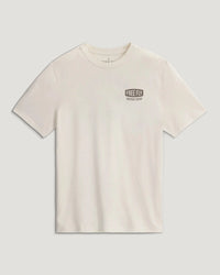 Light colored crew neck t-shirt with small chest logo, front view on clean background