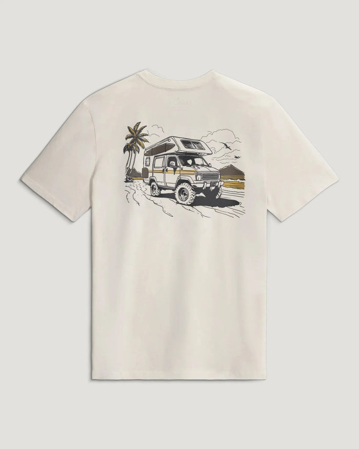 Light colored t-shirt with adventure van and palm tree graphic on back