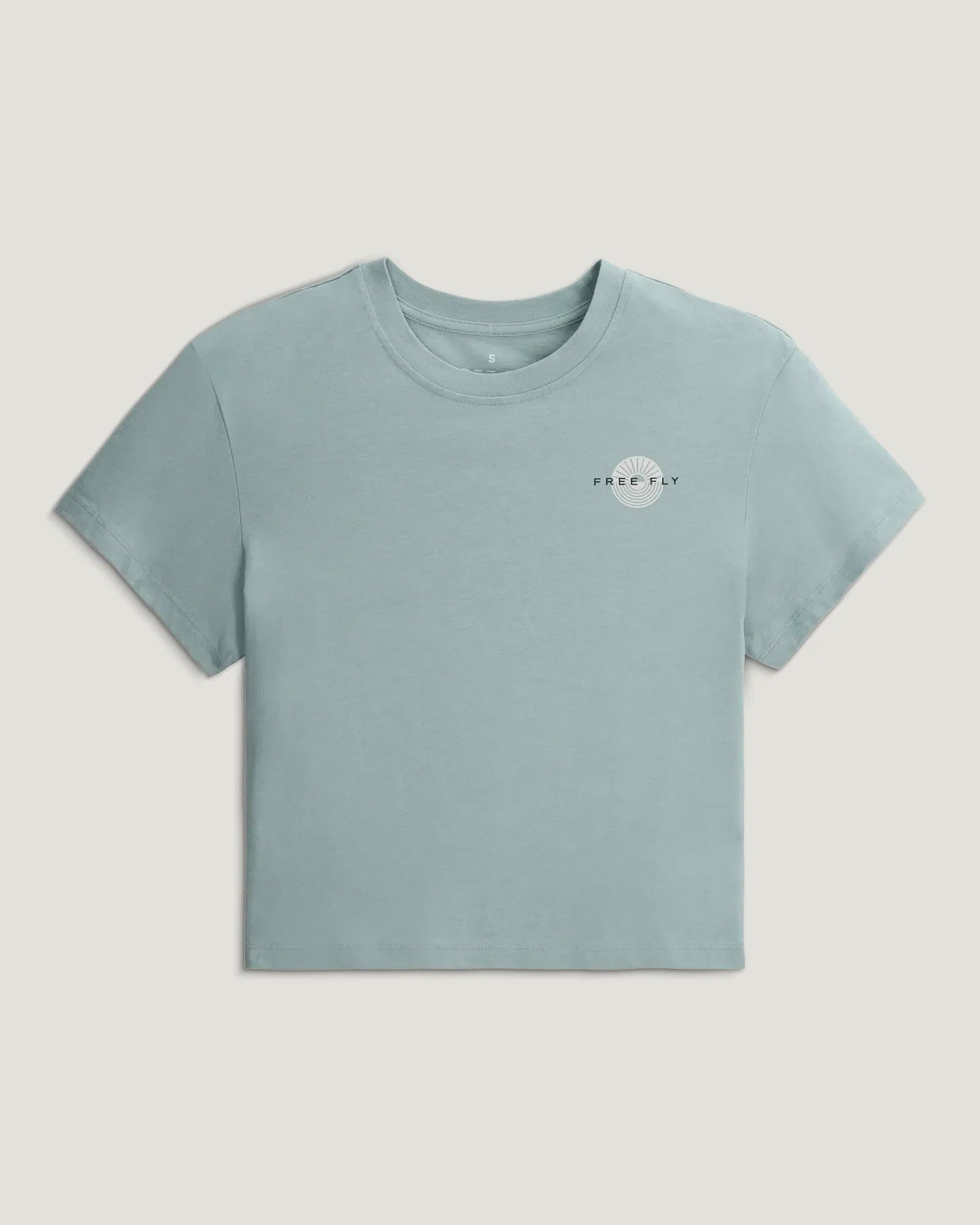 Light sage green short-sleeve crew neck t-shirt with small logo on chest, front view
