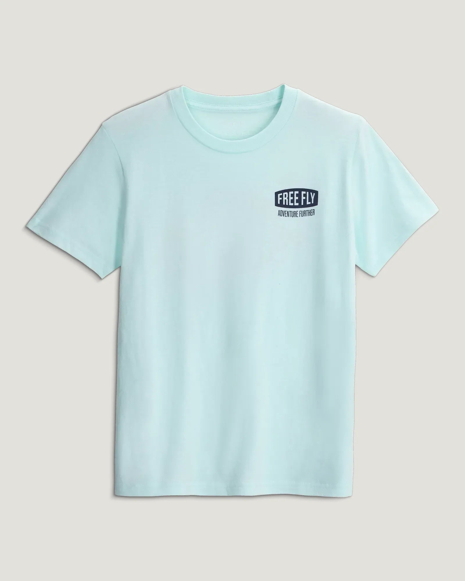 Light mint short-sleeve youth crewneck tee with small logo graphic on chest, front view