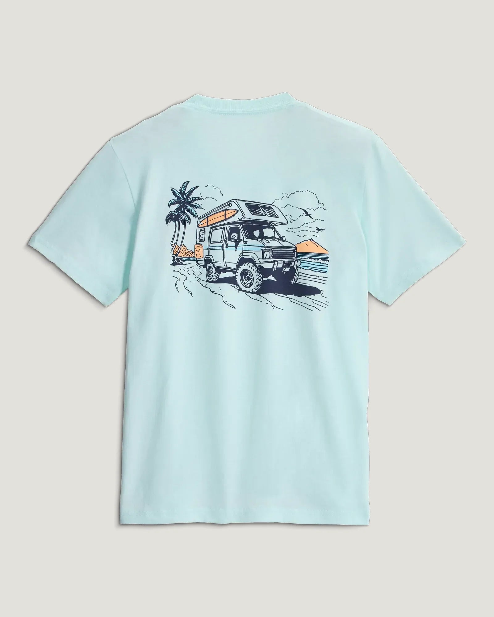 Light mint youth t-shirt back view with 4x4 camper van beach adventure graphic print