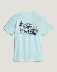 Light mint youth t-shirt back view with 4x4 camper van beach adventure graphic print