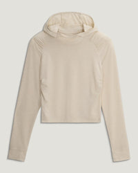 Light colored lightweight pullover hoodie with long sleeves on clean white background