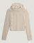 Light colored lightweight pullover hoodie with long sleeves on clean white background
