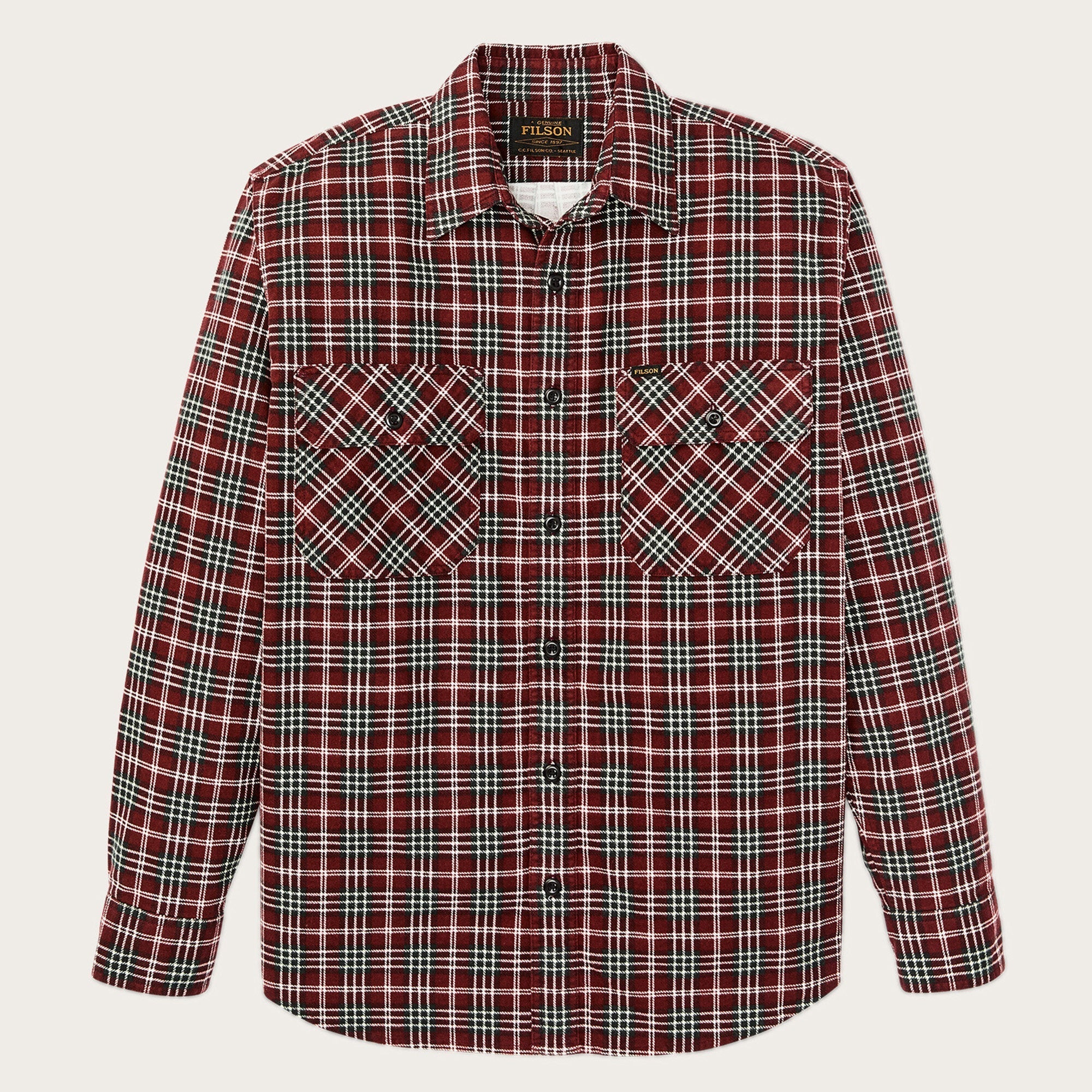 Men's long-sleeve flannel shirt in red plaid with two chest pockets, flat lay view