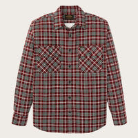 Men's long-sleeve flannel shirt in red plaid with two chest pockets, flat lay view