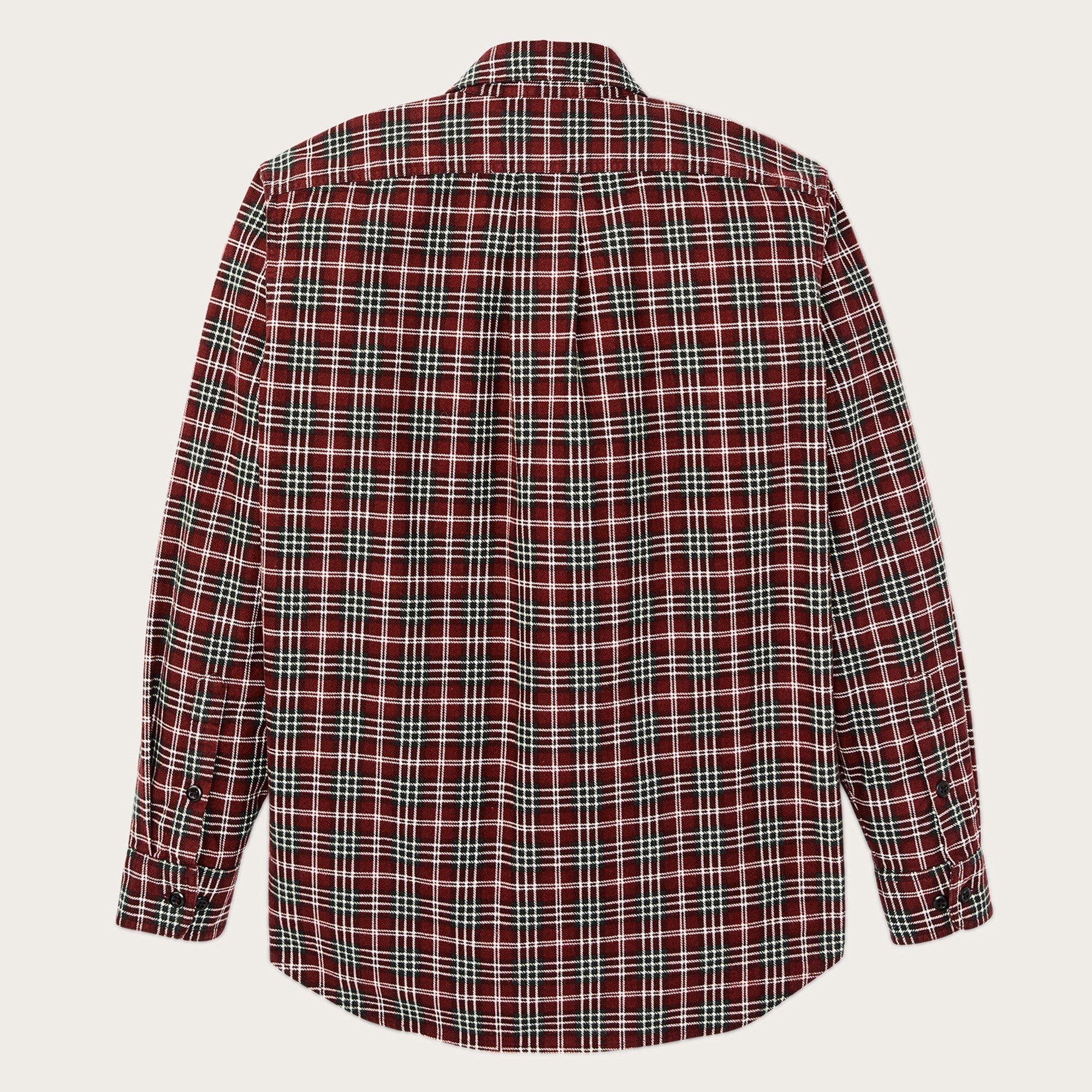 Men's plaid flannel shirt back view, long sleeves, button cuffs, red tartan pattern