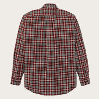 Men's plaid flannel shirt back view, long sleeves, button cuffs, red tartan pattern