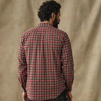 Men's plaid flannel shirt in red tartan pattern, back view on model