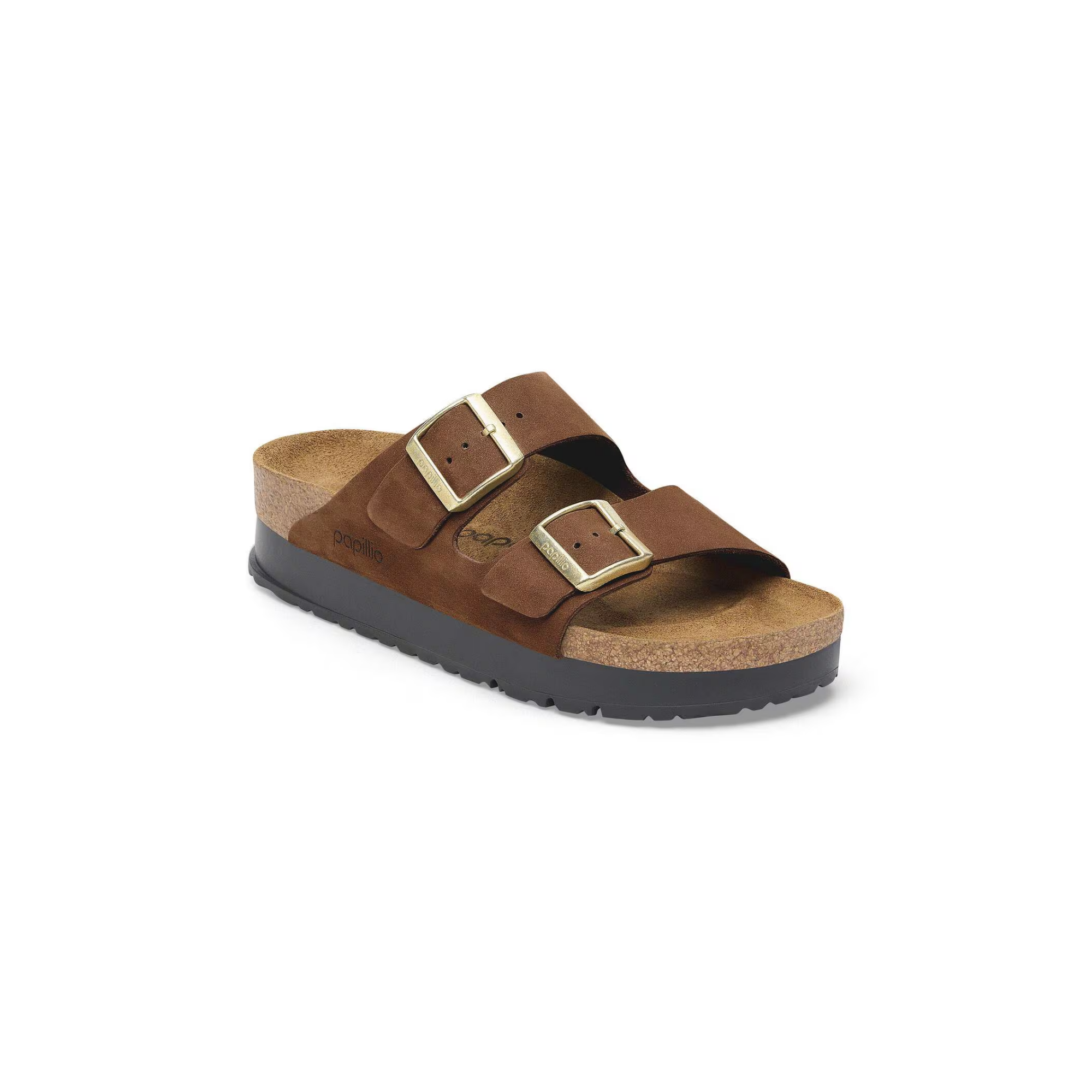 Brown leather two-strap sandal with cork footbed and platform sole, side view