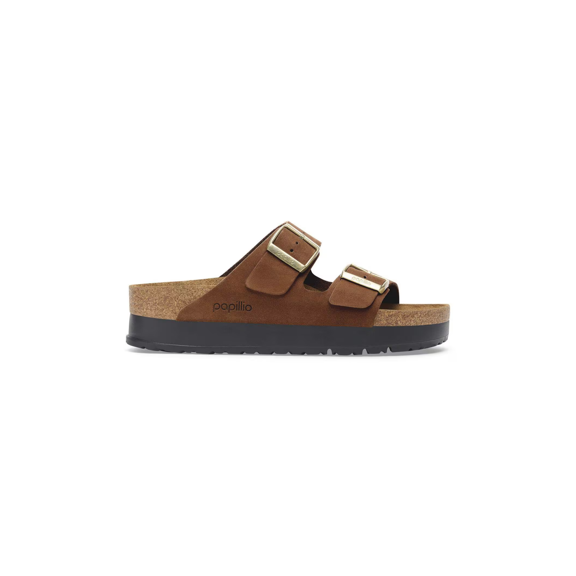 Brown suede platform sandals with dual adjustable buckle straps and cork sole, side view