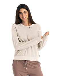 Women's lightweight crew sweatshirt in beige, front view, with raglan sleeves and ribbed hem