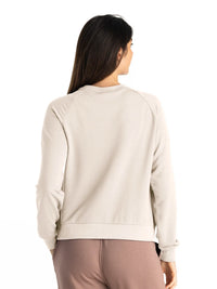Women's lightweight fleece crew sweatshirt, back view, raglan sleeves, ribbed hem