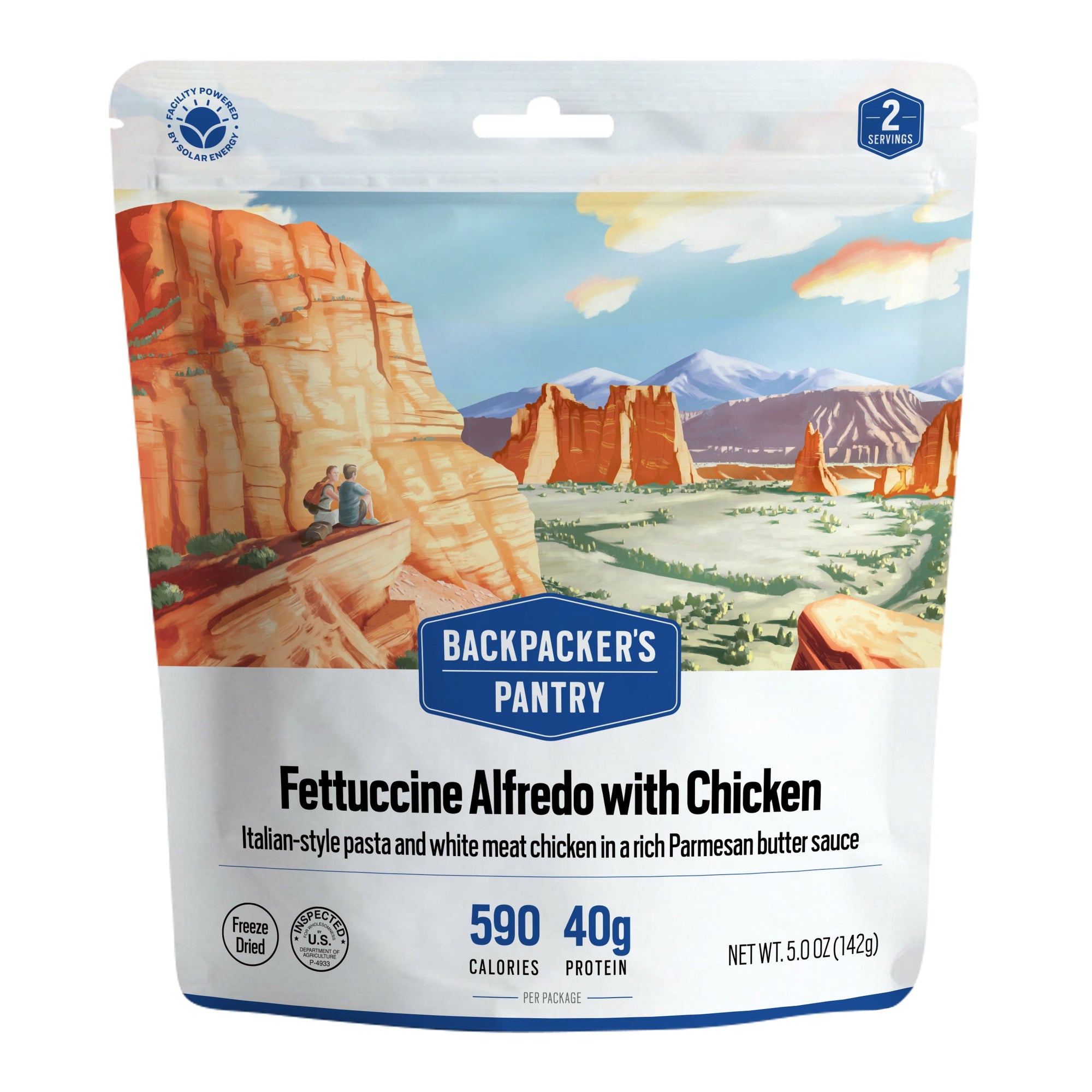 Freeze-dried meal pouch with desert landscape artwork and nutrition information displayed