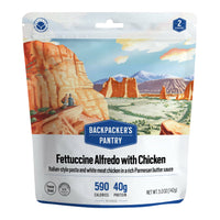 Freeze-dried meal pouch with desert landscape artwork and nutrition information displayed