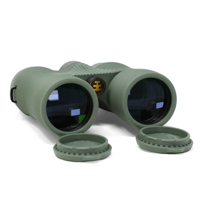 Olive green binoculars with textured grip, multi-coated lenses, and two lens caps removed