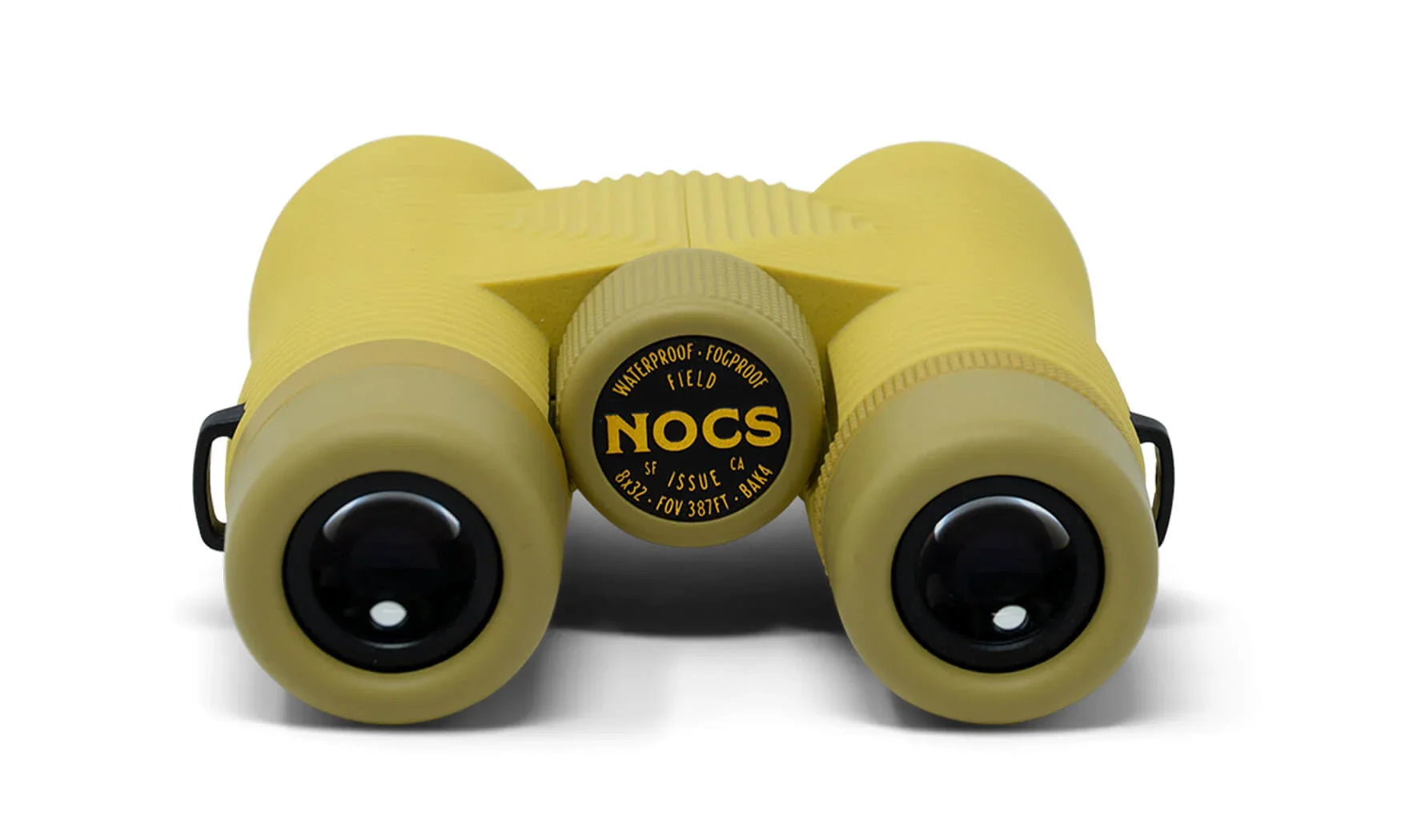 Compact yellow-green binoculars with dual lenses, shown from the front on white background