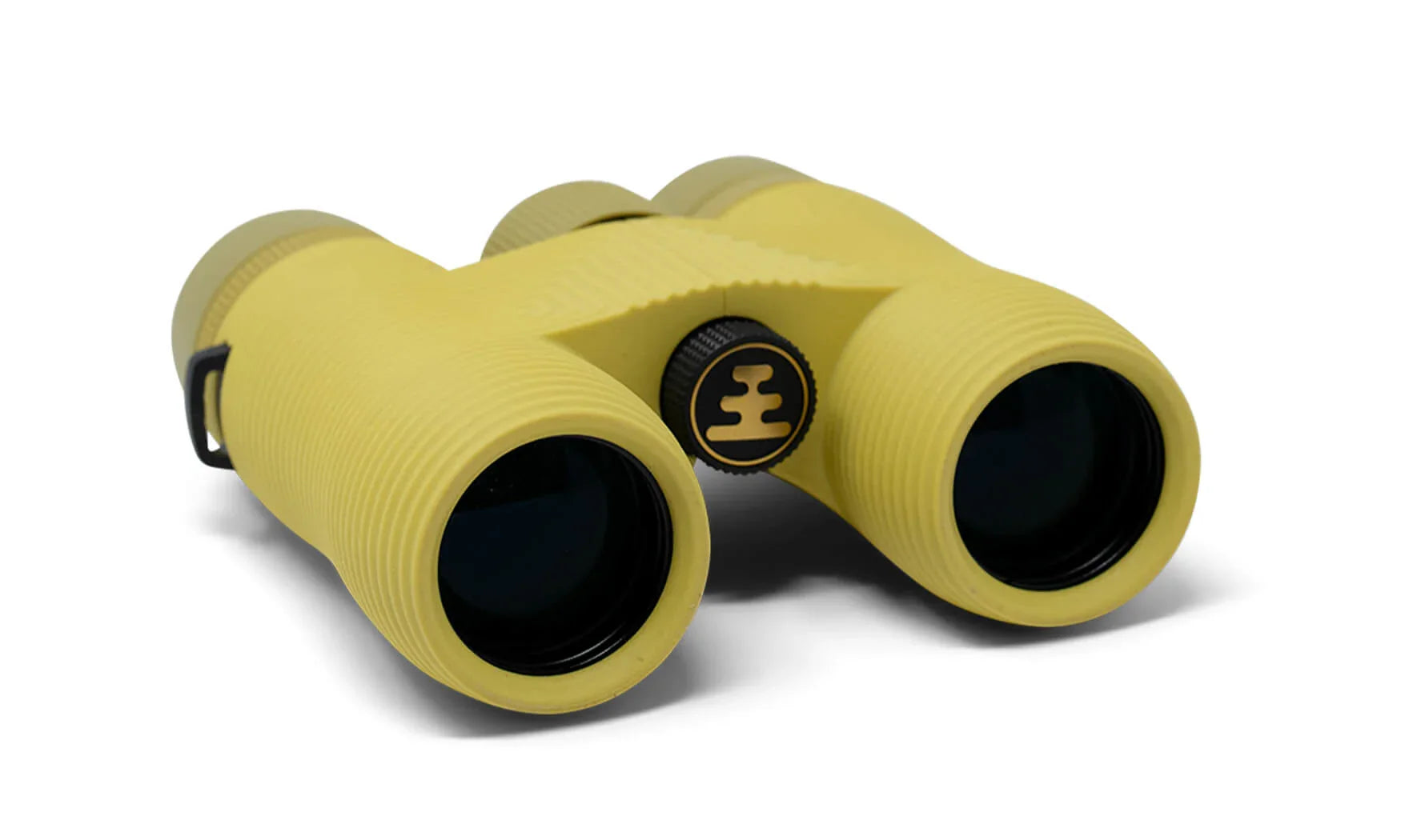 Compact yellow binoculars with textured rubber grip and dark lenses, angled front view