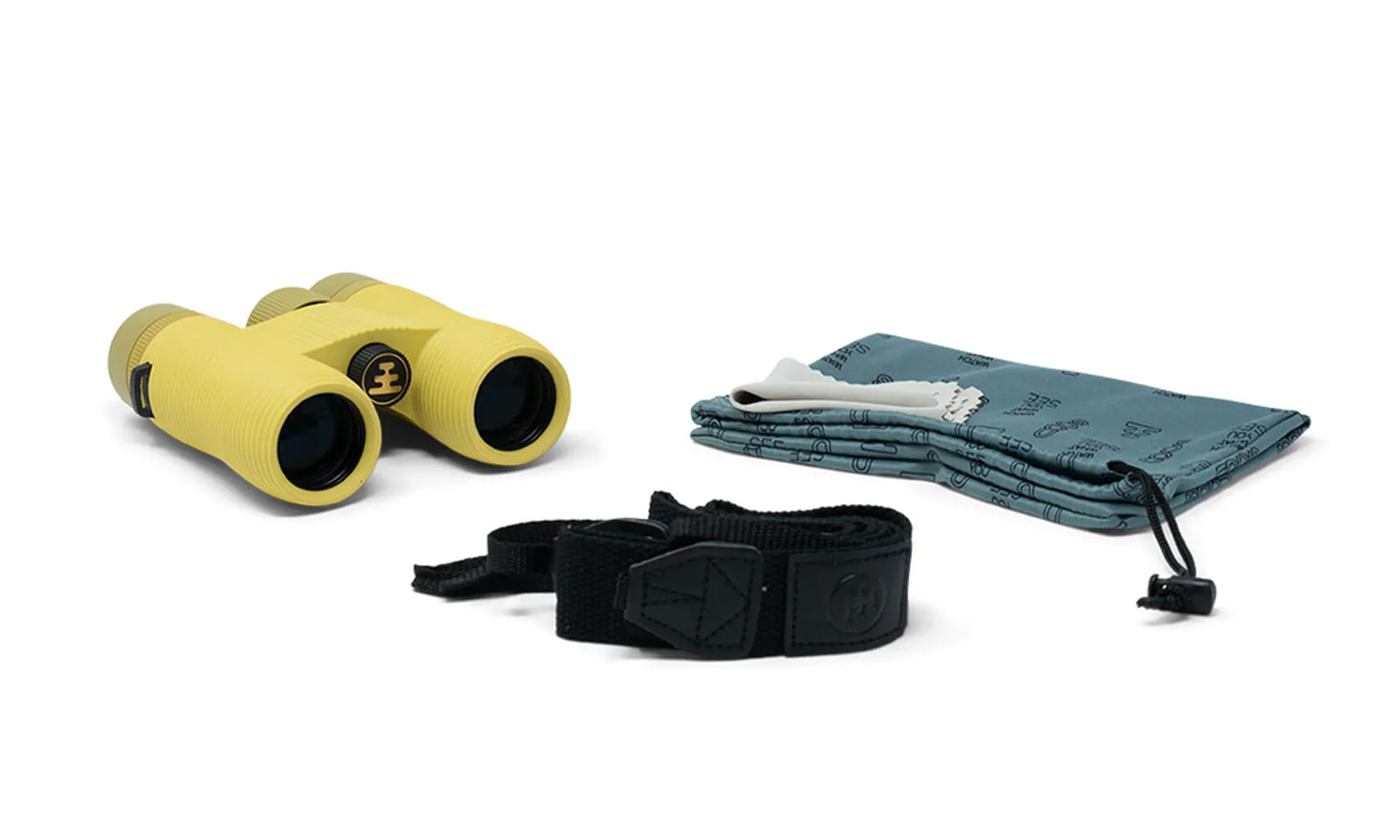 Compact yellow binoculars with carrying strap, teal drawstring pouch, and cleaning cloth set