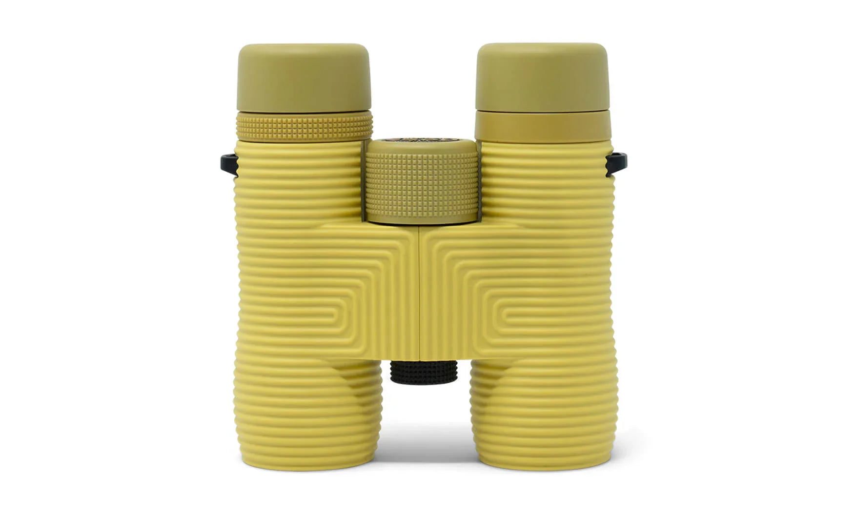 Compact binoculars in yellow-green with ribbed rubber grip texture, front view