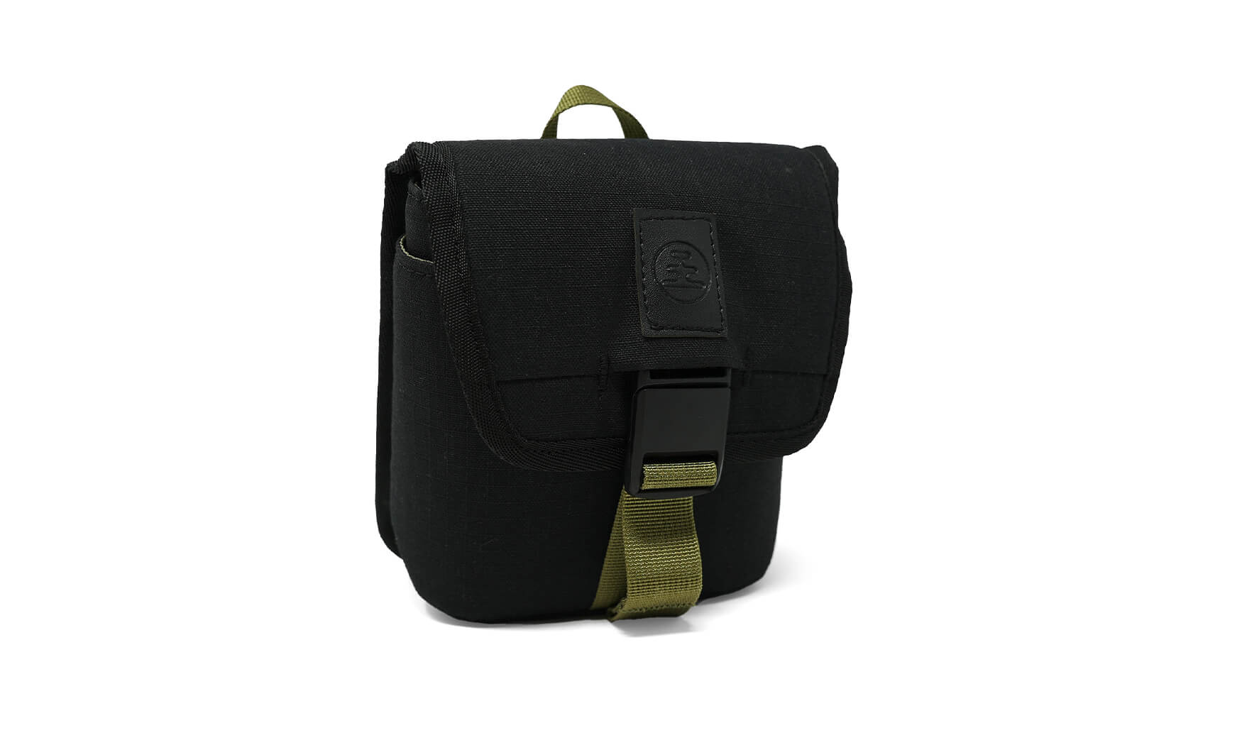 Small black canvas field pouch with flap closure, buckle strap, and olive green webbing