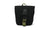Small black canvas pouch with olive green buckle strap and top carry handle, front view