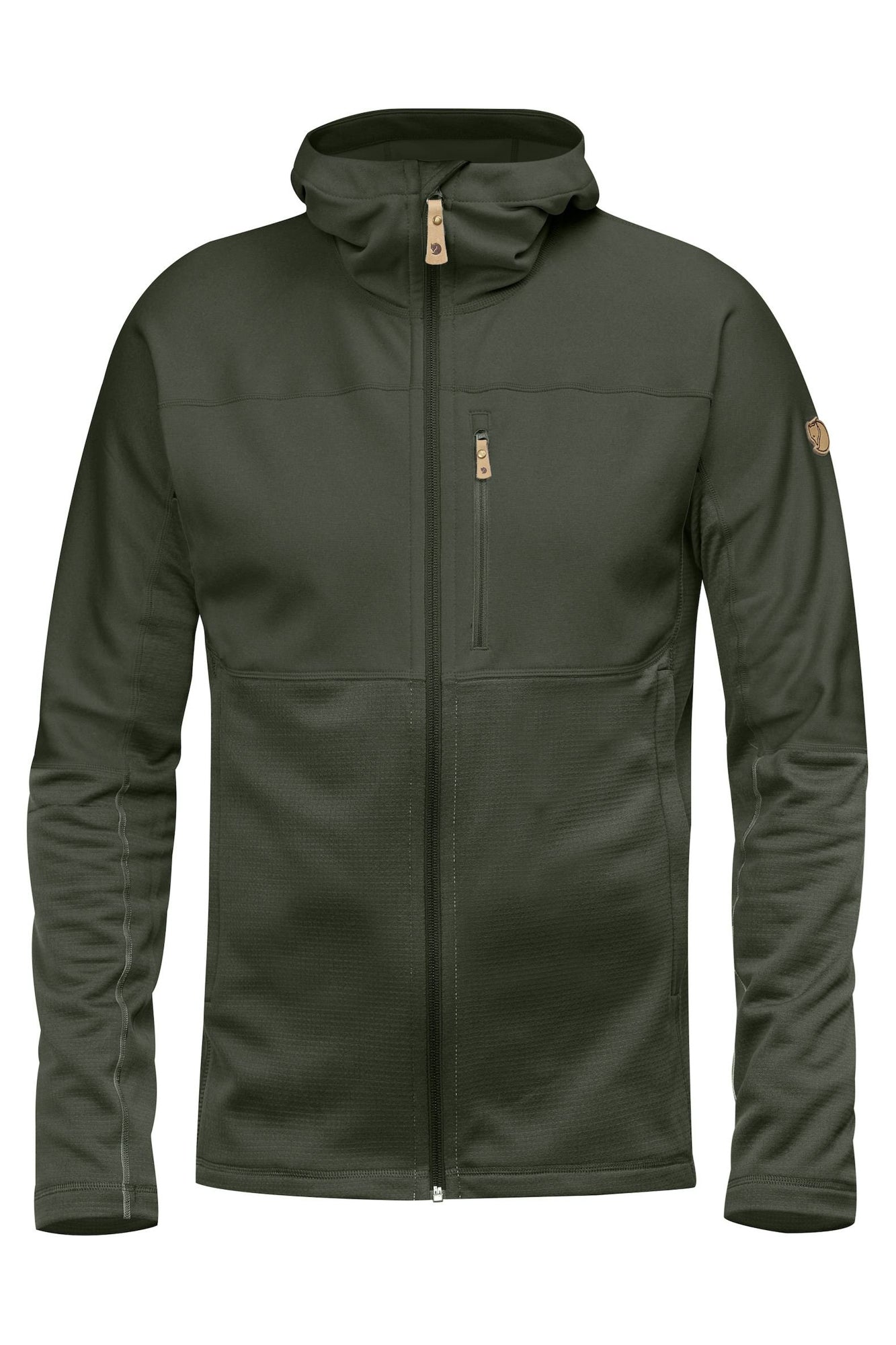 Dark green fleece jacket with full zip, hooded collar, and chest pocket, front view