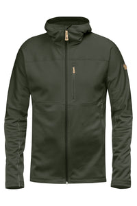 Dark green fleece jacket with full zip, hooded collar, and chest pocket, front view