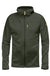 Dark green fleece jacket with full zip, hooded collar, and chest pocket, front view