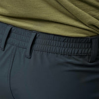 Close-up detail of men's stretch shorts waistband showing belt loops and pocket construction