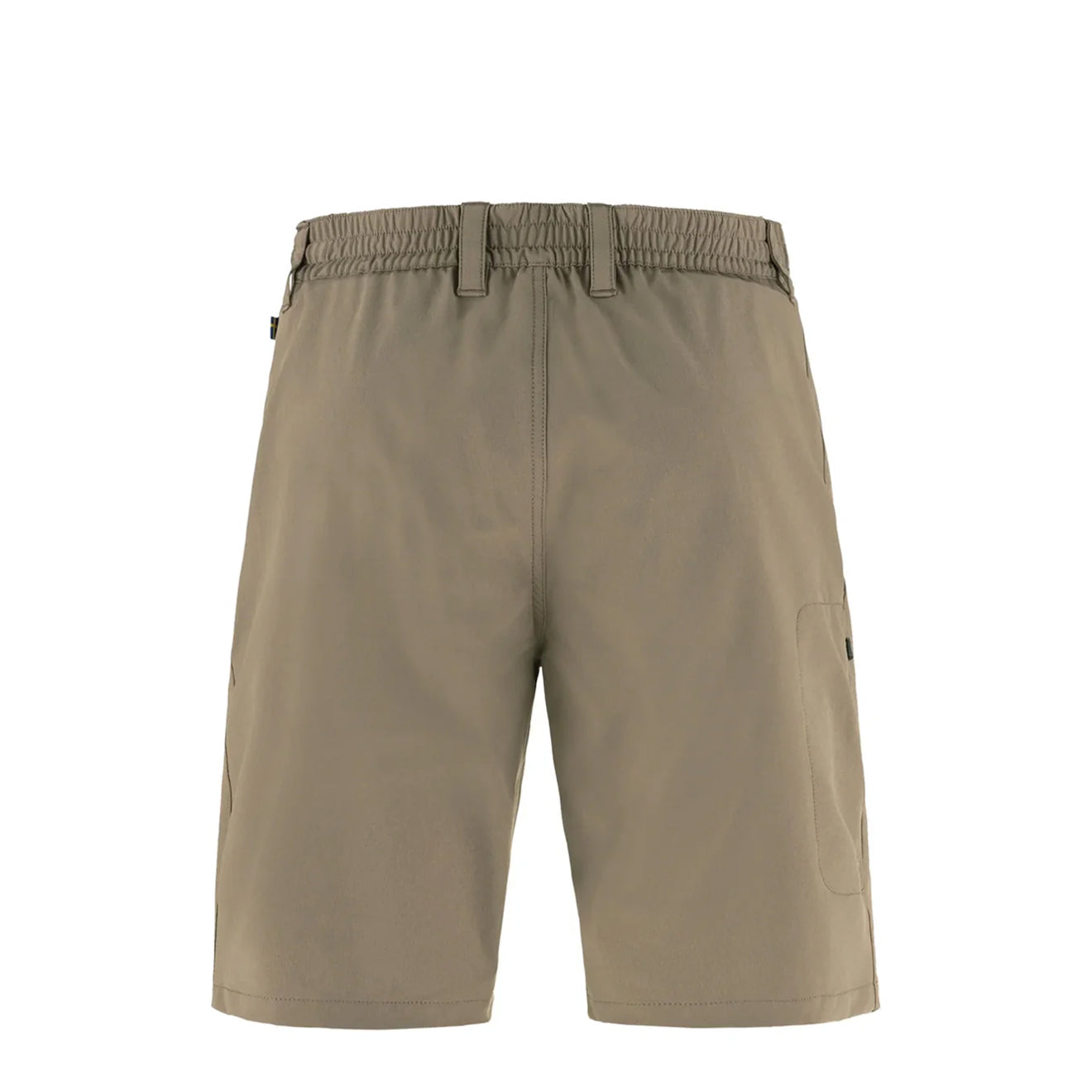 Tan outdoor shorts with elastic waistband and cargo pocket, back view