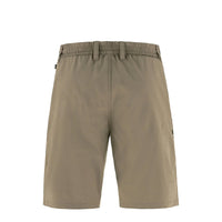 Tan outdoor shorts with elastic waistband and cargo pocket, back view