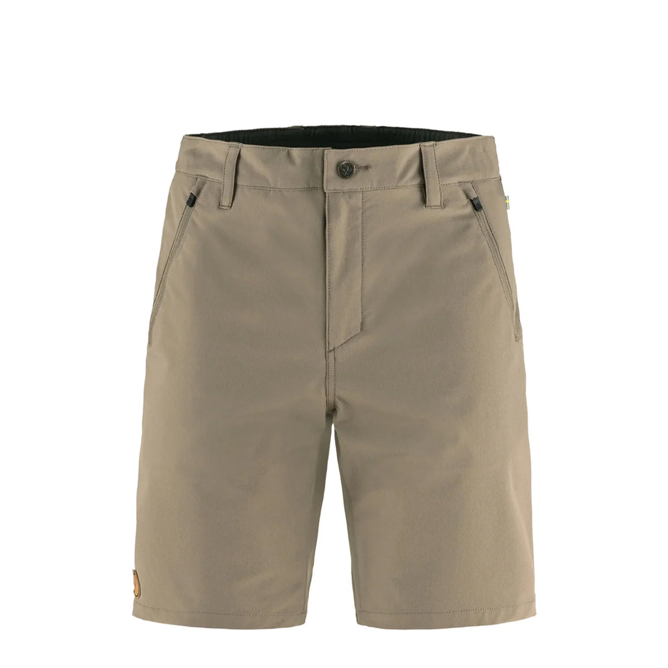 Light tan outdoor shorts with zippered pockets and button closure, front view