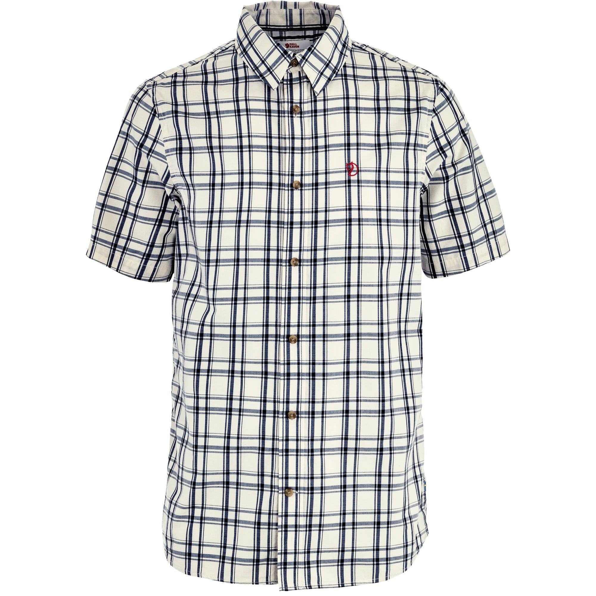 White short sleeve button-up shirt with navy blue plaid pattern and chest pocket
