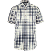 White short sleeve button-up shirt with navy blue plaid pattern and chest pocket