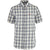 White short sleeve button-up shirt with navy blue plaid pattern and chest pocket