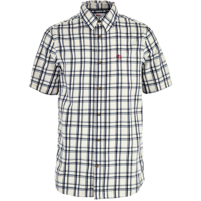 White short sleeve button-up shirt with navy blue plaid pattern and chest pocket