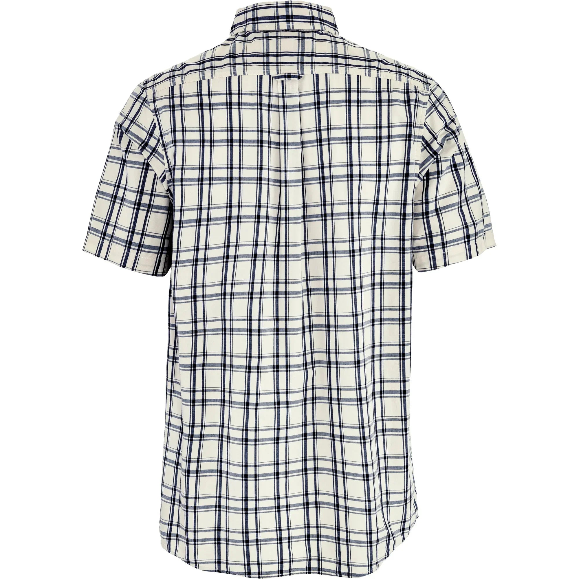 Short sleeve plaid shirt with navy and white checkered pattern, back view