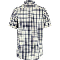 Short sleeve plaid shirt with navy and white checkered pattern, back view