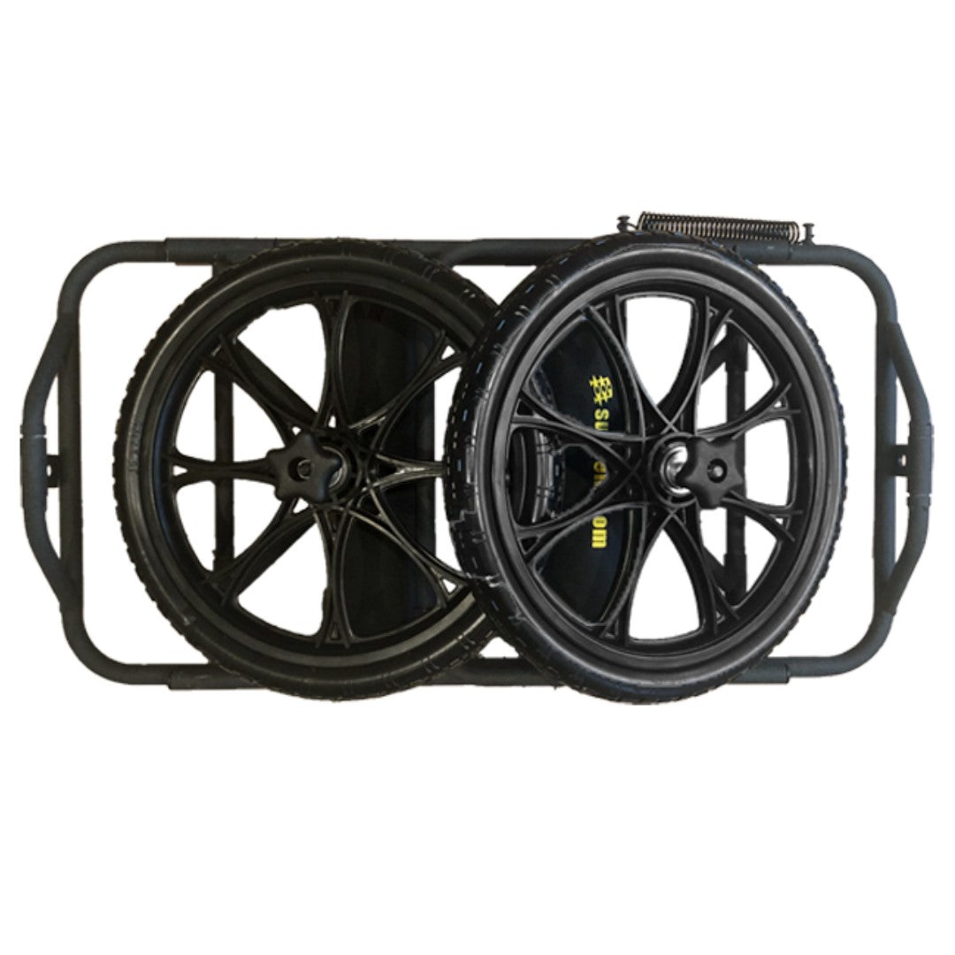 Black folding cart with large airless wheels and tubular frame, shown in folded position