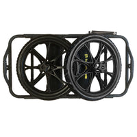 Black folding cart with large airless wheels and tubular frame, shown in folded position
