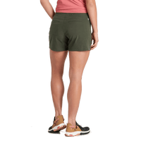 Women's olive green athletic shorts shown from back view with pink top