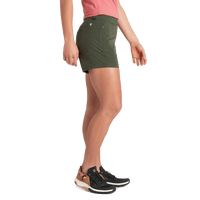 Women's athletic shorts in olive green, side view showing 8-inch inseam length