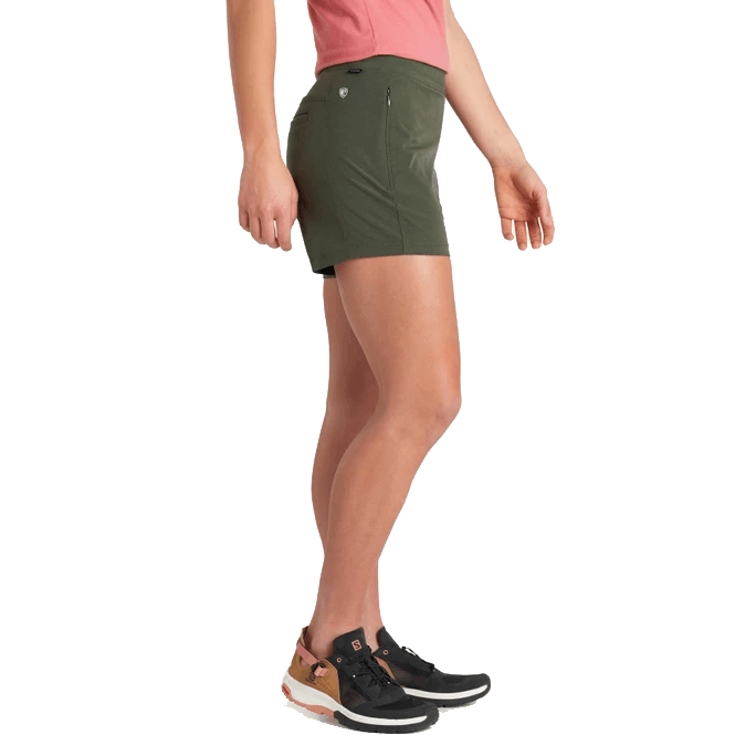 Women's athletic shorts in olive green, side view showing 8-inch inseam length