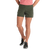Olive green athletic shorts with elastic waistband, worn with coral top and sneakers