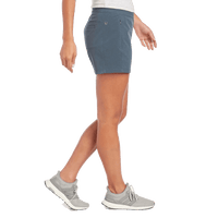 Women's athletic shorts in slate blue-gray color shown from side angle